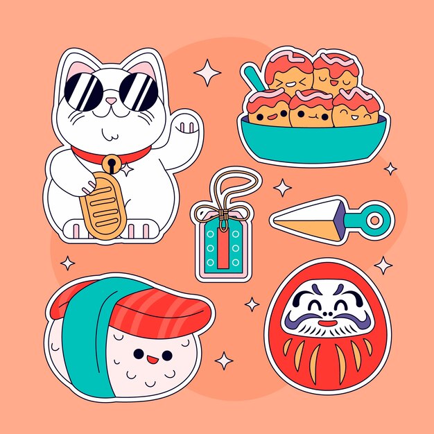 Conjunto de pegatinas japonesas dibujadas a mano