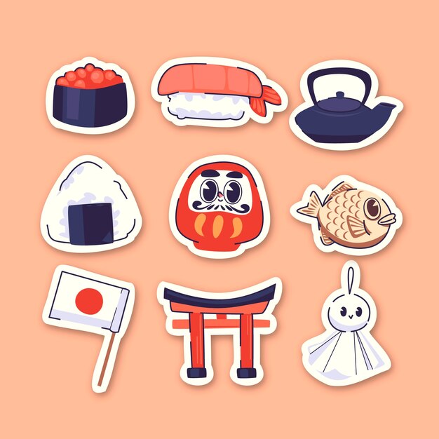 Conjunto de pegatinas japonesas dibujadas a mano