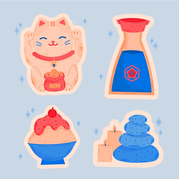 Conjunto de pegatinas japonesas dibujadas a mano
