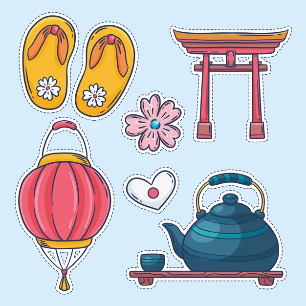 Conjunto de pegatinas japonesas dibujadas a mano