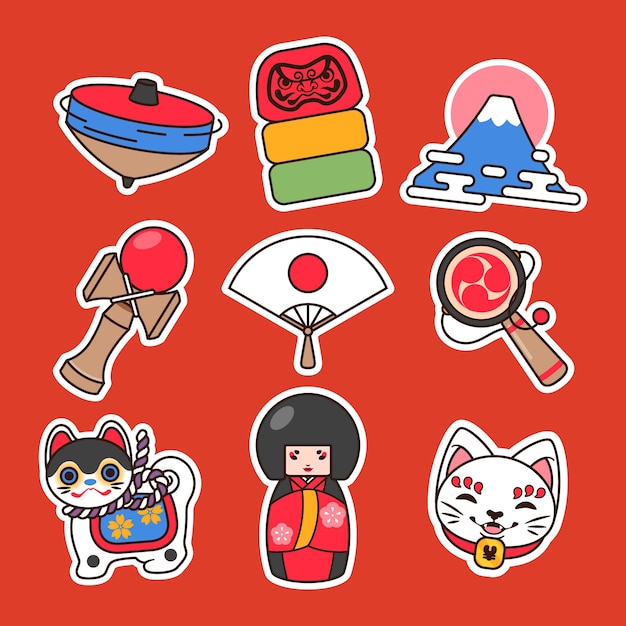 Conjunto de pegatinas japonesas dibujadas a mano