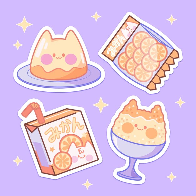 Conjunto de pegatinas japonesas dibujadas a mano