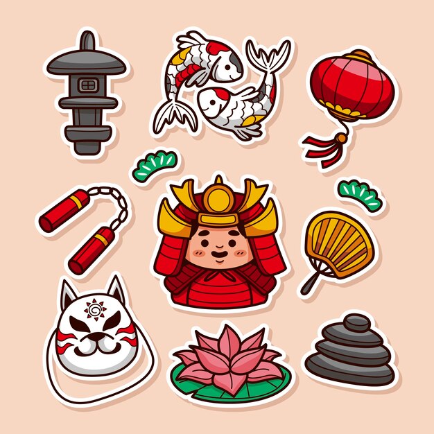 Conjunto de pegatinas japonesas dibujadas a mano