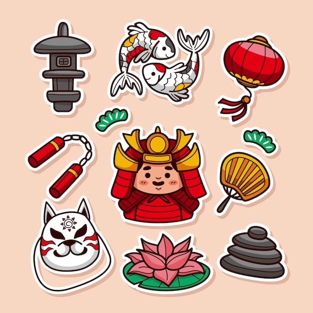 Conjunto de pegatinas japonesas dibujadas a mano