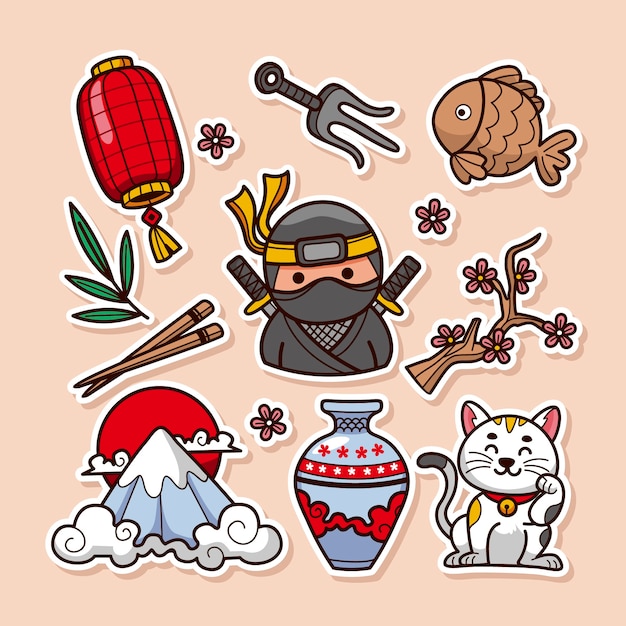 Conjunto de pegatinas japonesas dibujadas a mano