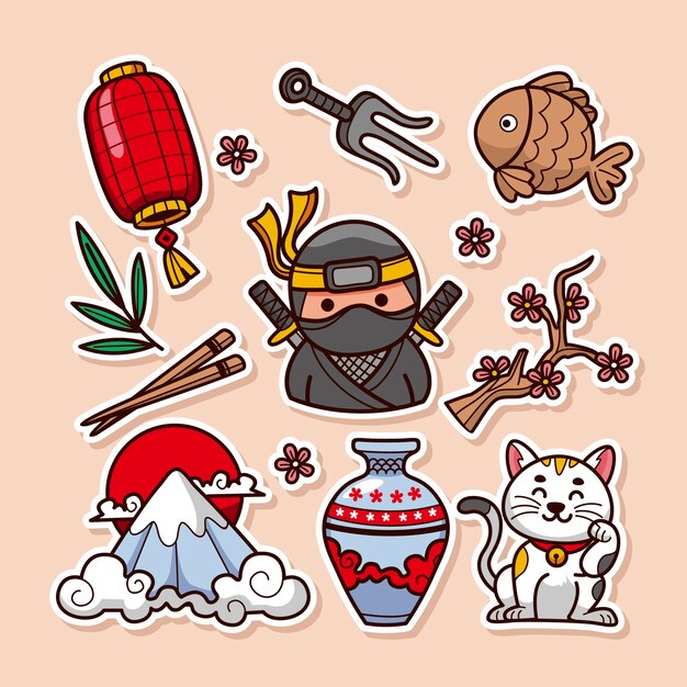 Conjunto de pegatinas japonesas dibujadas a mano
