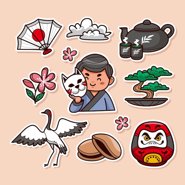 Conjunto de pegatinas japonesas dibujadas a mano