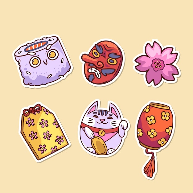 Conjunto de pegatinas japonesas dibujadas a mano