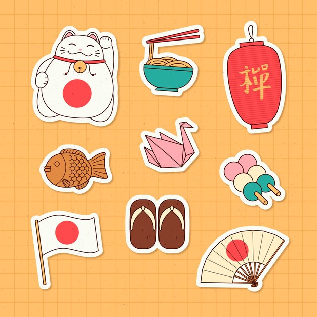 Conjunto de pegatinas japonesas dibujadas a mano