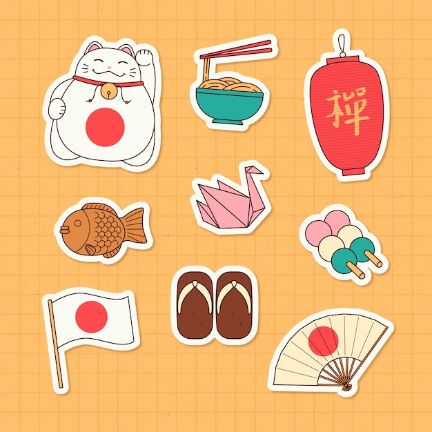 Conjunto de pegatinas japonesas dibujadas a mano