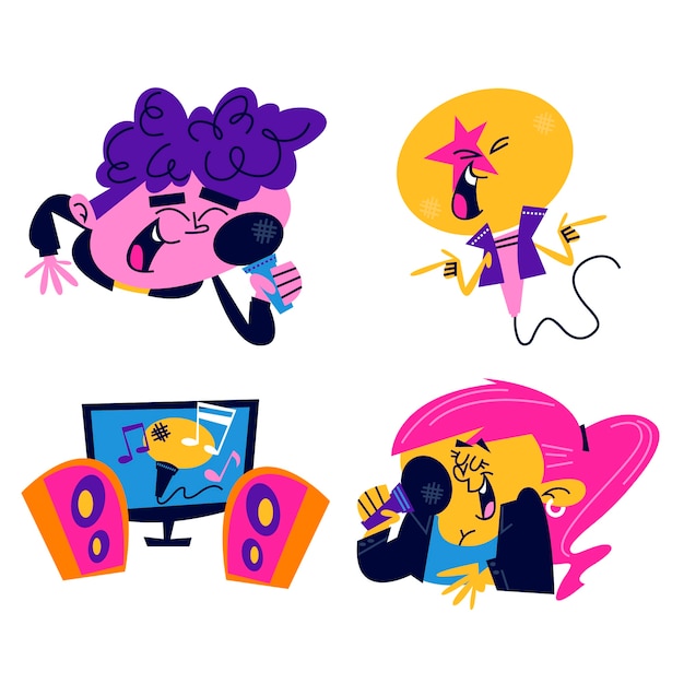 Conjunto de pegatinas de karaoke de dibujos animados retro