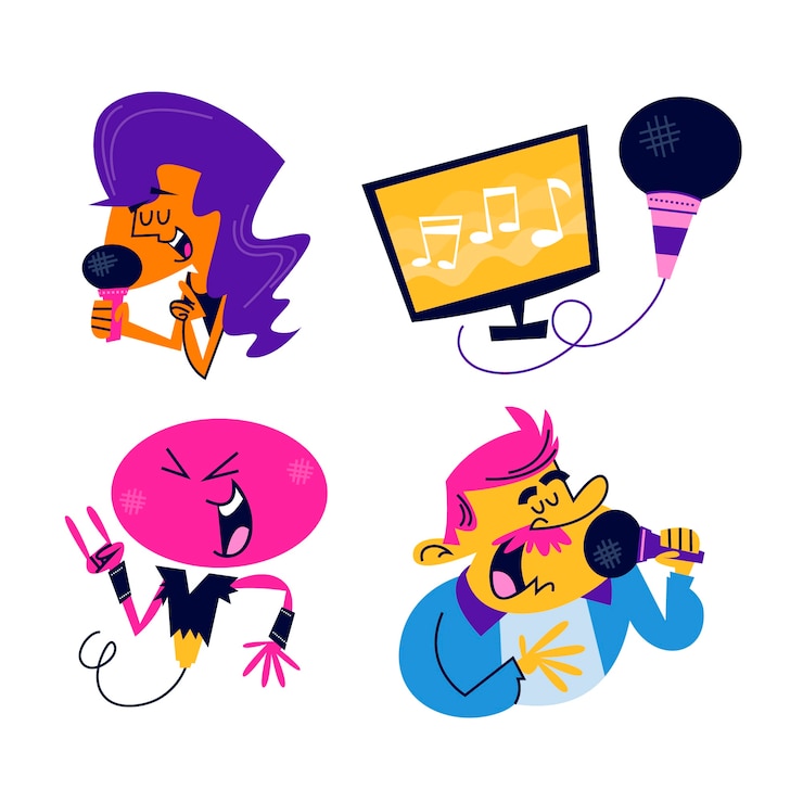 Vector gratuito conjunto de pegatinas de karaoke de dibujos animados retro