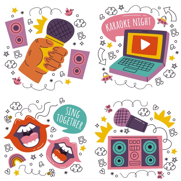 Conjunto de pegatinas de karaoke garabatos dibujados a mano