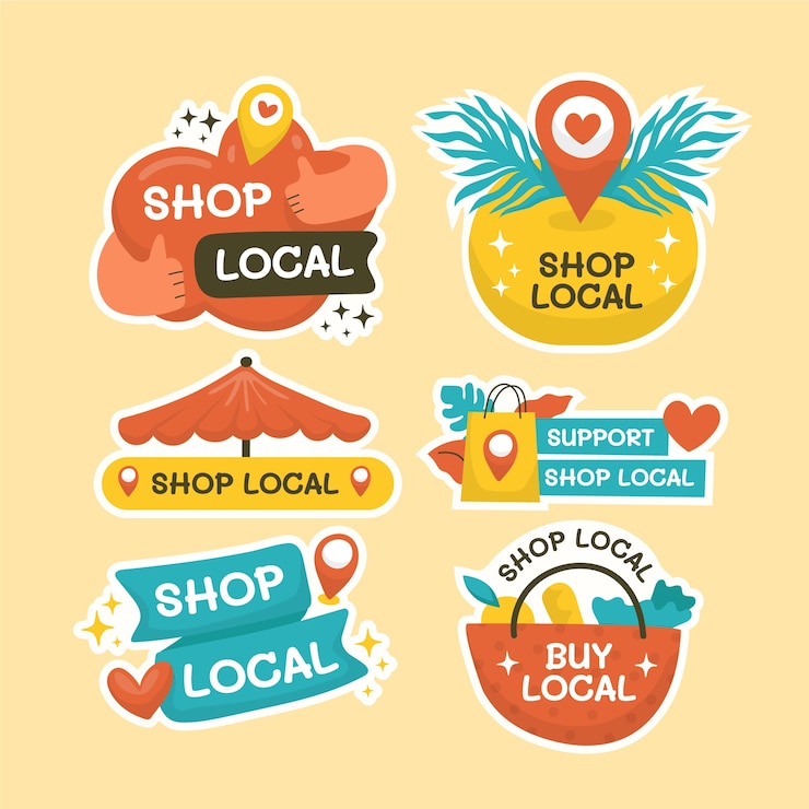 Vector gratuito conjunto de pegatinas locales de tienda de diseño plano