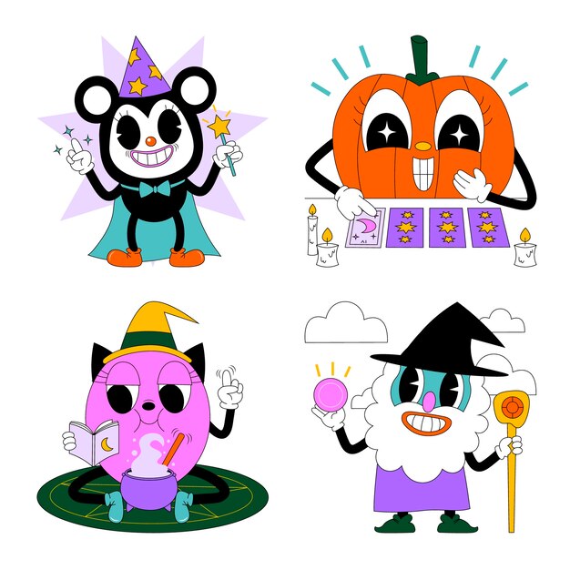 Conjunto de pegatinas mágicas ácidas de diseño plano