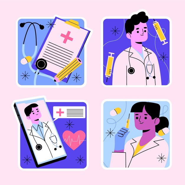 Conjunto de pegatinas médicas dibujadas a mano