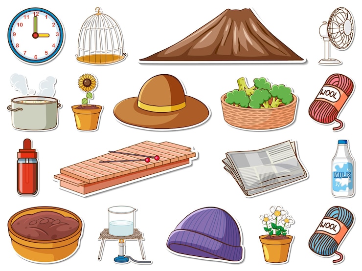 Vector gratuito conjunto de pegatinas de objetos diarios mixtos.
