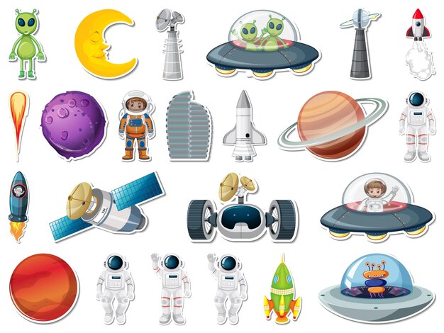 Conjunto de pegatinas de objetos del espacio exterior y astronautas.