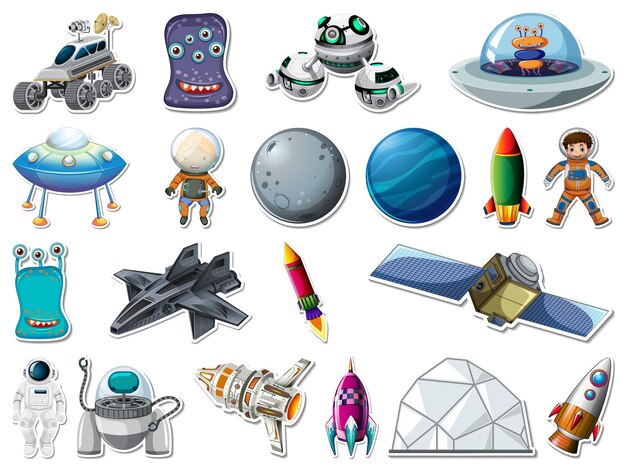 Conjunto de pegatinas de objetos del espacio exterior y astronautas.