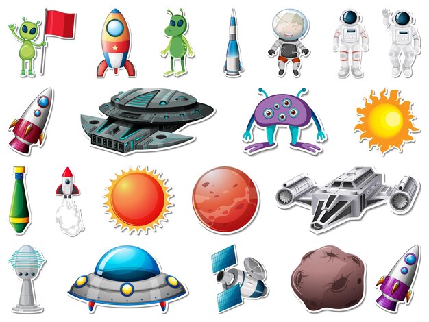 Conjunto de pegatinas de objetos del espacio exterior y astronautas.