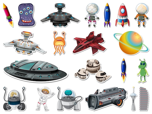 Conjunto de pegatinas de objetos del espacio exterior y astronautas.