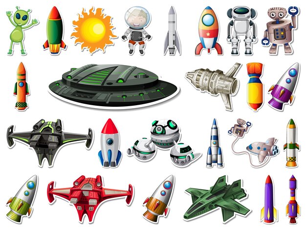 Conjunto de pegatinas de objetos del espacio exterior y astronautas.