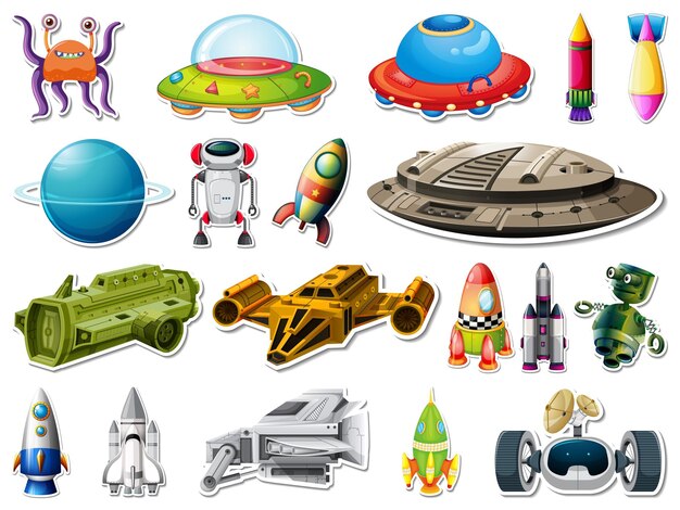 Conjunto de pegatinas de objetos del espacio exterior y astronautas.