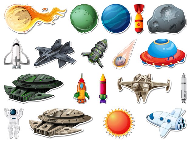 Conjunto de pegatinas de objetos del espacio exterior y astronautas.