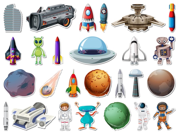 Vector gratuito conjunto de pegatinas de objetos del espacio exterior y astronautas.