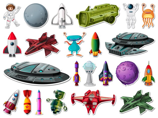 Conjunto de pegatinas de objetos del espacio exterior y astronautas.