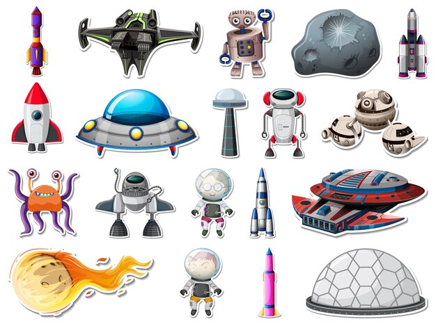Conjunto de pegatinas de objetos del espacio exterior y astronautas.