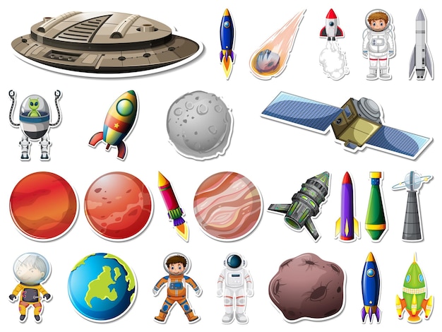 Conjunto de pegatinas de objetos del espacio exterior y astronautas.