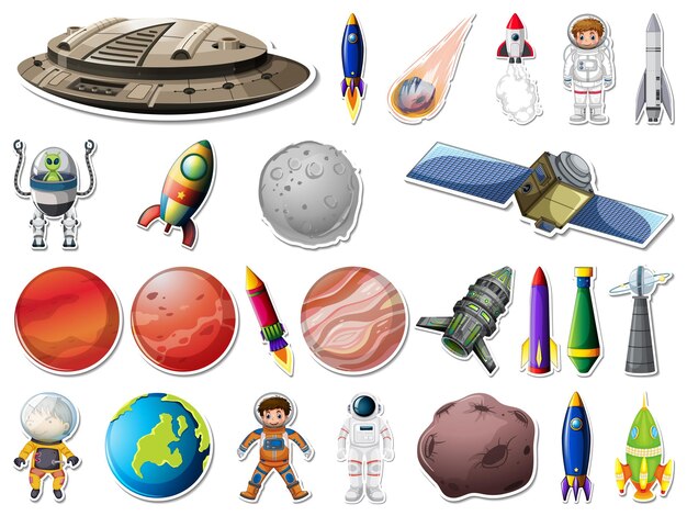 Conjunto de pegatinas de objetos del espacio exterior y astronautas.
