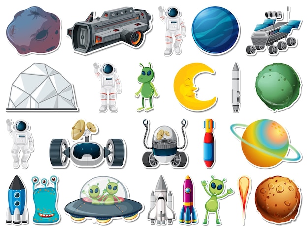 Vector gratuito conjunto de pegatinas de objetos del espacio exterior y astronautas.