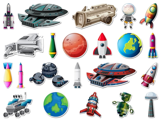 Conjunto de pegatinas de objetos del espacio exterior y astronautas.
