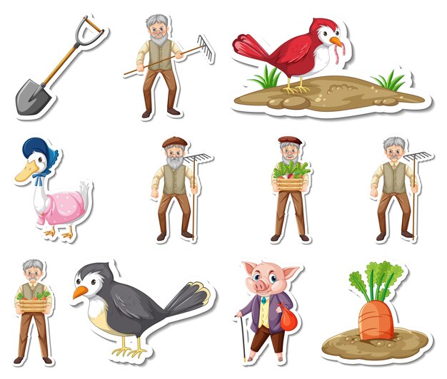 Conjunto de pegatinas de objetos de granja y personajes de dibujos animados de agricultores