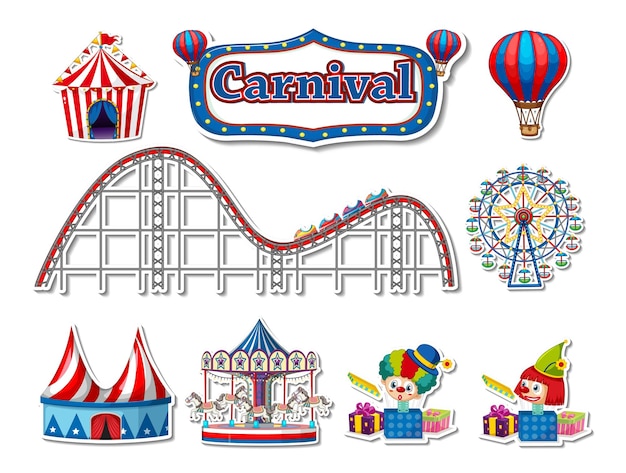 Conjunto de pegatinas de objetos del parque de atracciones y personajes de dibujos animados.