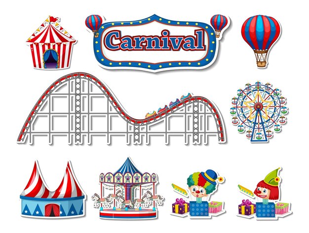 Conjunto de pegatinas de objetos del parque de atracciones y personajes de dibujos animados.