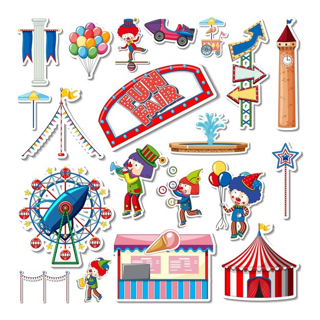 Conjunto de pegatinas de objetos del parque de atracciones y personajes de dibujos animados.