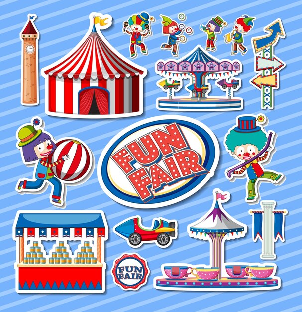 Conjunto de pegatinas de objetos del parque de atracciones y personajes de dibujos animados.