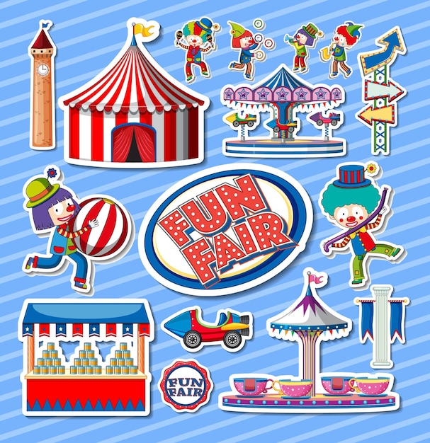Conjunto de pegatinas de objetos del parque de atracciones y personajes de dibujos animados.
