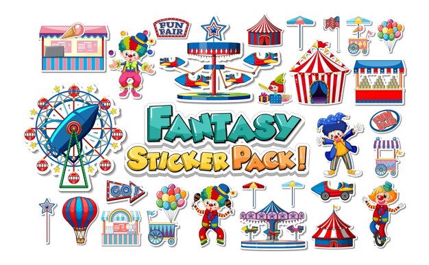 Conjunto de pegatinas de objetos del parque de atracciones y personajes de dibujos animados.