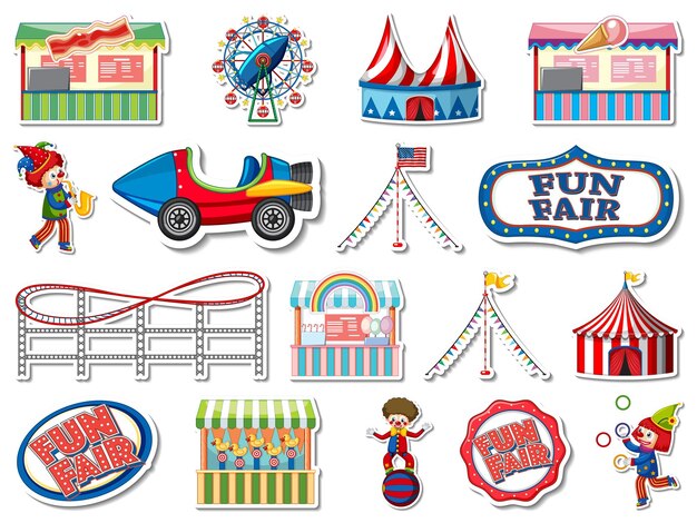 Conjunto de pegatinas de parque de atracciones y objetos de feria.