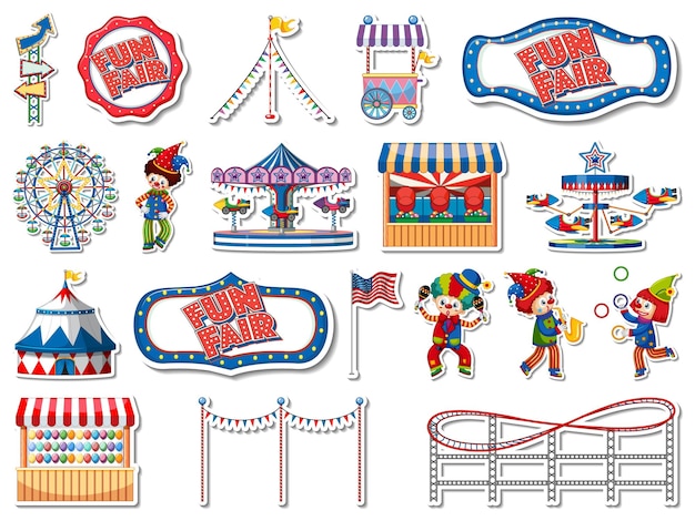 Vector gratuito conjunto de pegatinas de parque de atracciones y objetos de feria.