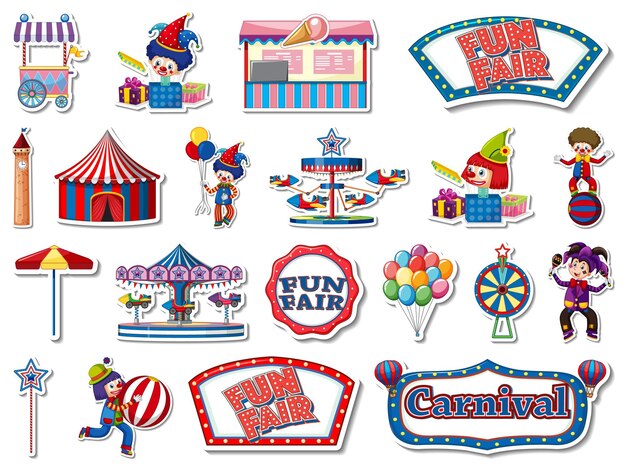 Conjunto de pegatinas de parque de atracciones y objetos de feria.