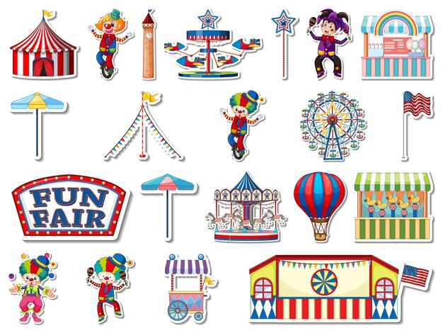 Conjunto de pegatinas de parque de atracciones y objetos de feria.