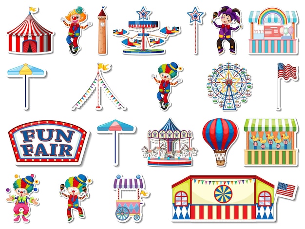 Conjunto de pegatinas de parque de atracciones y objetos de feria.