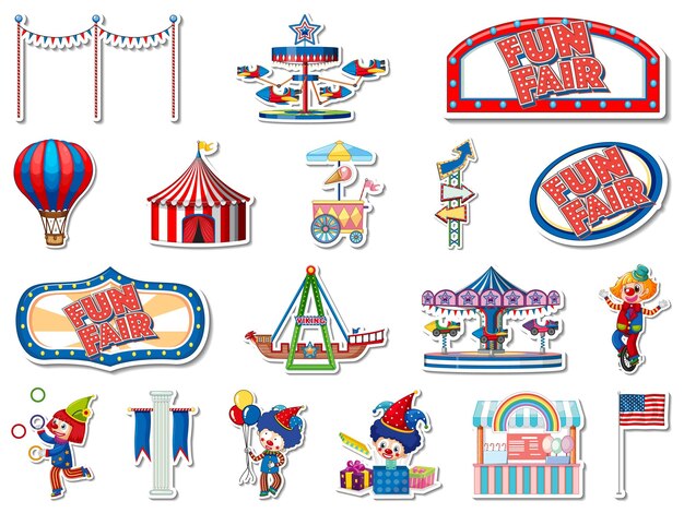 Conjunto de pegatinas de parque de atracciones y objetos de feria.