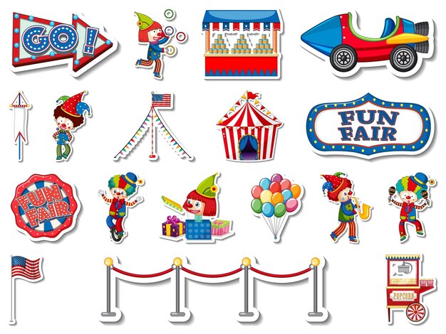 Conjunto de pegatinas de parque de atracciones y objetos de feria.