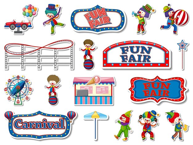 Conjunto de pegatinas de parque de atracciones y objetos de feria.